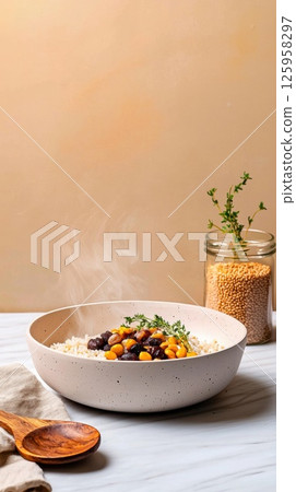 Steaming fonio with fresh herbs and a rustic setting creating a warm culinary experience Steaming fonio with fresh herbs and a rustic setting creating a warm culinary experience 125958297