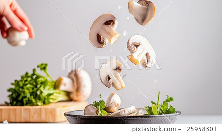Close up of mushrooms falling into a sizzling skillet with seasoning and fresh herbs 125958301