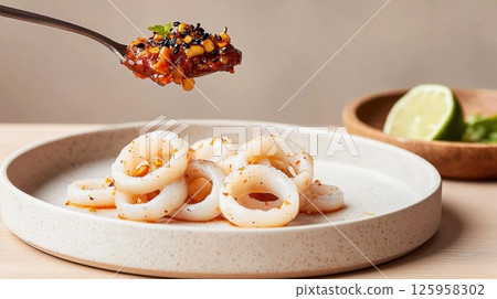 Close-up of sambal sotong showcasing rich flavors and textures on a rustic wooden table 125958302
