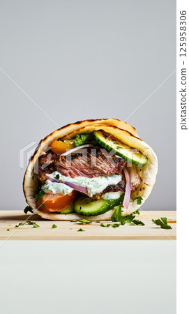 Savory Greek gyros wrap featuring tzatziki sauce, grilled meat, and fresh vegetables Savory Greek gyros wrap featuring tzatziki sauce, grilled meat, and fresh vegetables 125958306