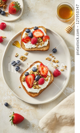 Crispy toast layered with smooth yogurt, ripe strawberries, blueberries, raspberries, and crunchy granola, drizzled with golden honey near wooden dipper Crispy toast layered with smooth yogurt, ripe strawberries, blueberries, raspberries, and crunchy granola, drizzled with golden honey near wooden dipper 125958347