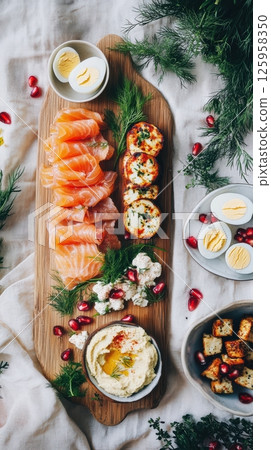 Smoked salmon spread layered with creamy hummus, tangy goat cheese, boiled eggs, pomegranate seeds, and fresh dill, creating colorful, nutrient rich appetizer 125958350