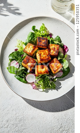 Crispy golden tofu cubes resting on verdant salad greens, complemented by thinly sliced radishes, delivering wholesome vegetarian dining experience 125958351