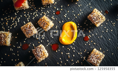 Sesame crusted appetizer bites resting on dark slate plate, garnished with mustard and sauce droplets, highlighting elegant culinary styling 125958355