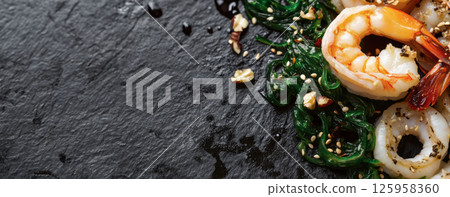 Succulent seafood salad displaying shrimp, squid rings, seaweed, nuts, and sesame seeds arranged on dark stone background 125958360