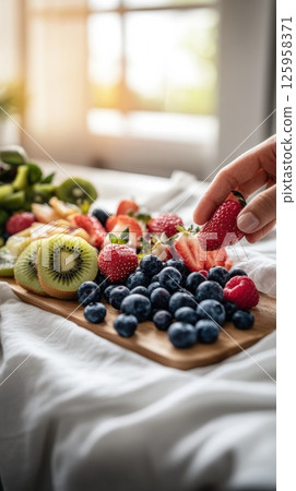 Fresh and vibrant spring fruits create a lively atmosphere on a linen tablecloth 125958371