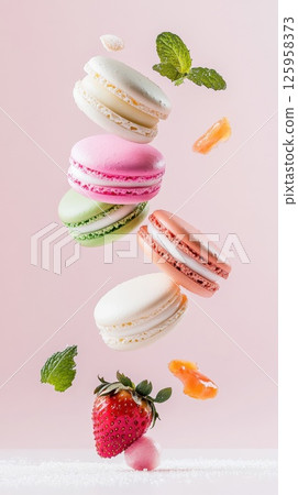 Colorful French Macaroons Floating Above Fresh Strawberries and Mint Leaves on a Soft Pink Background Delicious Dessert Treats for Sweet Lovers Healthy Eating Concept Colorful French Macaroons Floating Above Fresh Strawberries and Mint Leaves on a Soft Pink Background Delicious Dessert Treats for Sweet Lovers Healthy Eating Concept 125958373