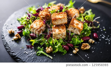 Crispy breaded tofu cubes resting on mixed greens, garnished with kidney beans, walnuts, and salt, plated on dark slate for vibrant vegan dining 125958393