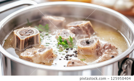Homemade bone broth slowly simmering, releasing rich aroma, herbs floating atop golden liquid, packed with nutrients, collagen swirling through savory stock 125958404