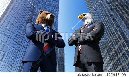 An anthropomorphic brown bear and bald eagle, dressed in tailored suits, stand confidently in front of a sleek skyscraper, representing Russian and American financial dominance 125958409