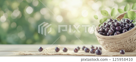 Acai berries tumble from a small wooden basket onto natural burlap fabric, highlighted by soft side lighting and set against a blurred forest background creating a serene atmosphere 125958410