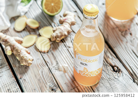 A glass bottle filled with golden kombucha showcases its carbonation beside scattered fresh ginger slices on a rustic wooden table. Soft natural light highlights the scene 125958412