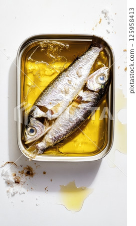 Preserved sardines gleaming with olive oil resting inside metal tin, surrounded by scattered salt crystals on pristine white surface, emphasizing maritime culinary tradition Preserved sardines gleaming with olive oil resting inside metal tin, surrounded by scattered salt crystals on pristine white surface, emphasizing maritime culinary tradition 125958413