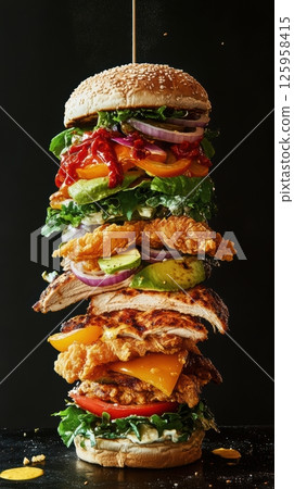 A giant, epic sandwich emphasizing its towering height. A giant, epic sandwich emphasizing its towering height. 125958415