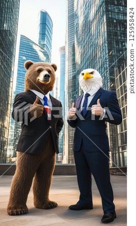 A confident brown bear and a bald eagle, both in tailored business suits, stand together in a vibrant urban setting, showcasing a united front with thumbs-up gestures 125958424