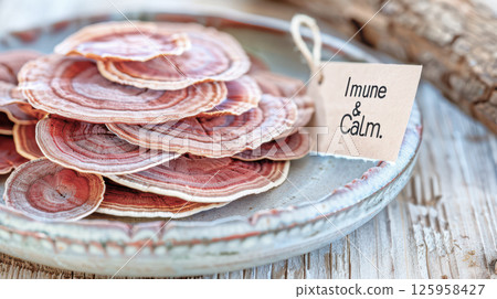 Dried reishi mushroom slices displaying rich burgundy hues on weathered ceramic surface, representing traditional healing properties and natural wellness approach Dried reishi mushroom slices displaying rich burgundy hues on weathered ceramic surface, representing traditional healing properties and natural wellness approach 125958427