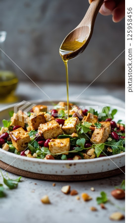 Wooden spoon drizzling olive oil over vegan salad with crispy tofu, kidney beans, green leaves, and roasted hazelnuts, delivering nutritious flavor 125958456