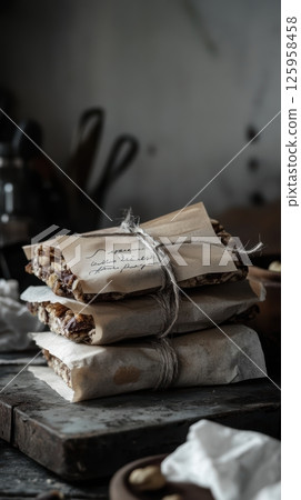 Artisan granola bars bundled in parchment, secured with twine, nestled on weathered wooden surface highlighting natural, nutritious homemade baking Artisan granola bars bundled in parchment, secured with twine, nestled on weathered wooden surface highlighting natural, nutritious homemade baking 125958458