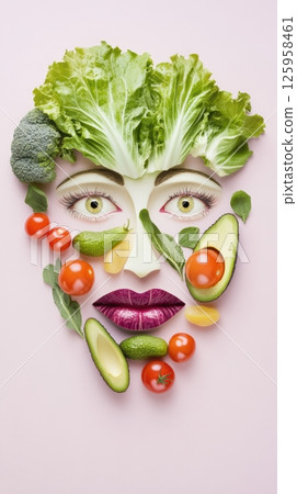 Colorful vegetables composing stylized female portrait, revealing organic beauty through crisp greens, vibrant red, soft textures against pastel pink surface Colorful vegetables composing stylized female portrait, revealing organic beauty through crisp greens, vibrant red, soft textures against pastel pink surface 125958461