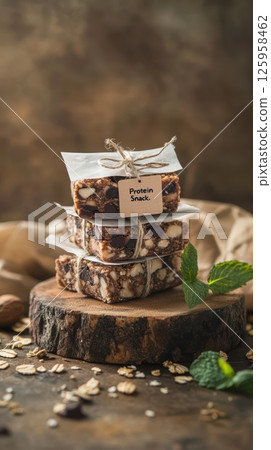 Delicious homemade protein bars with chocolate chips, nuts, and a touch of mint are stacked on a wooden board, making a healthy and energizing snack 125958462