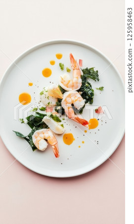 Succulent shrimp resting on crisp greens, adorned with bright citrus segments, glistening with zesty sauce, presenting refined culinary artistry on plate Succulent shrimp resting on crisp greens, adorned with bright citrus segments, glistening with zesty sauce, presenting refined culinary artistry on plate 125958463