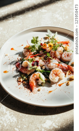 Gourmet shrimp salad delicately arranged with vibrant herbs, colorful edible flowers, and aromatic spices on pristine white ceramic plate, showcasing fresh seafood elegance Gourmet shrimp salad delicately arranged with vibrant herbs, colorful edible flowers, and aromatic spices on pristine white ceramic plate, showcasing fresh seafood elegance 125958473
