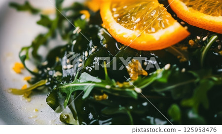 Wakame seaweed salad featuring bright orange segments, sprinkled with sesame seeds and delicate dressing, highlighting nutritional freshness Wakame seaweed salad featuring bright orange segments, sprinkled with sesame seeds and delicate dressing, highlighting nutritional freshness 125958476