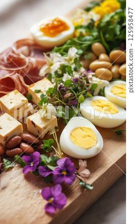 Spring buffet with ham, eggs, cheese, beans, microgreens, and edible flowers, served on a wooden board, offering a vibrant and healthy meal Spring buffet with ham, eggs, cheese, beans, microgreens, and edible flowers, served on a wooden board, offering a vibrant and healthy meal 125958477