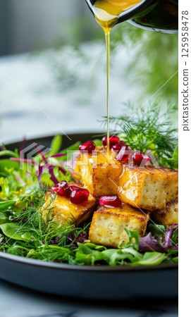 Professional culinary expert drizzling honey mustard vinaigrette over pan seared tofu salad, studded with pomegranate seeds and crisp organic greens Professional culinary expert drizzling honey mustard vinaigrette over pan seared tofu salad, studded with pomegranate seeds and crisp organic greens 125958478