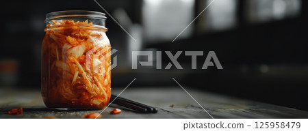 Fermented korean kimchi resting inside glass jar on weathered wooden surface, traditional banchan accompanied by wooden chopsticks Fermented korean kimchi resting inside glass jar on weathered wooden surface, traditional banchan accompanied by wooden chopsticks 125958479