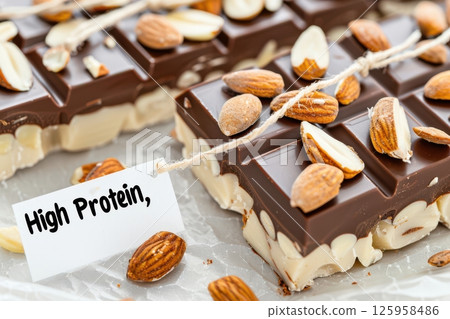 Delicious high-protein chocolate bars topped with almonds, perfect for a healthy and satisfying snack or treat, with a label highlighting their protein content Delicious high-protein chocolate bars topped with almonds, perfect for a healthy and satisfying snack or treat, with a label highlighting their protein content 125958486