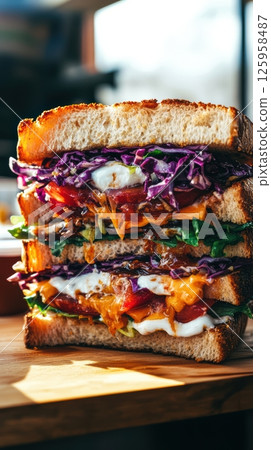 Close up triple decker sandwich layering melted cheddar, crisp cabbage, juicy tomatoes, fresh lettuce, creamy mayonnaise on weathered wooden surface 125958487