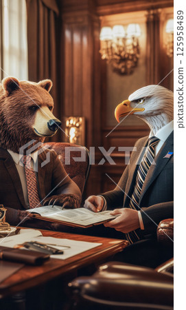 A confident brown bear and a sharp-eyed bald eagle, both in luxurious suits, are reviewing important financial documents in a high-end executive office, reflecting authority and business success A confident brown bear and a sharp-eyed bald eagle, both in luxurious suits, are reviewing important financial documents in a high-end executive office, reflecting authority and business success 125958489