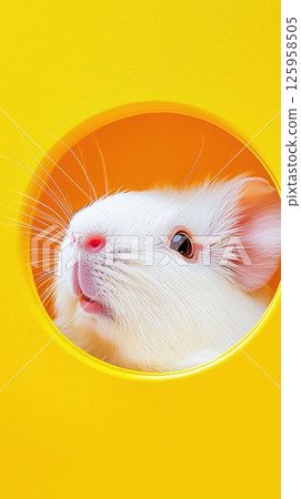 Adorable white guinea pig peeking through a circular opening in a bright yellow background, showcasing its playful nature and charm, cute pet concept Adorable white guinea pig peeking through a circular opening in a bright yellow background, showcasing its playful nature and charm, cute pet concept 125958505