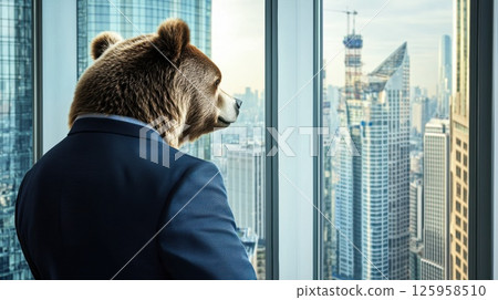 An anthropomorphic bear stands confidently by a floor-to-ceiling window in a skyscraper. He gazes thoughtfully at the city skyline, illuminated by the warm glow of the setting sun 125958510