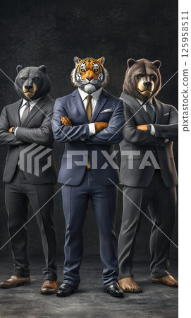 Three anthropomorphic executives stand confidently, each with animal heads portraying power and authority in sharply tailored suits. The strong poses suggest determination in a corporate environment 125958511