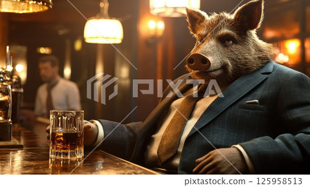 An anthropomorphic boar in a dark suit sits alone at a dimly lit bar, holding a glass of whiskey. Vintage lamps cast warm light on the bar's rich wooden textures An anthropomorphic boar in a dark suit sits alone at a dimly lit bar, holding a glass of whiskey. Vintage lamps cast warm light on the bar's rich wooden textures 125958513