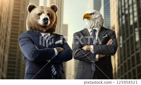 An anthropomorphic brown bear and a bald eagle stand confidently in business suits, showcasing power and partnership against a blurred skyscraper backdrop bathed in golden sunlight 125958521