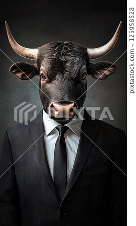 Strikingly detailed depiction of a strong anthropomorphic bull dressed in a dark business suit, illuminated by cinematic lighting against a moody backdrop Strikingly detailed depiction of a strong anthropomorphic bull dressed in a dark business suit, illuminated by cinematic lighting against a moody backdrop 125958528