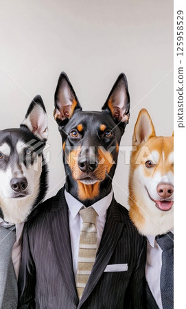 Three anthropomorphic dogs dressed in formal suits pose confidently in an upscale office environment, demonstrating a blend of humor and professionalism during a business meeting Three anthropomorphic dogs dressed in formal suits pose confidently in an upscale office environment, demonstrating a blend of humor and professionalism during a business meeting 125958529