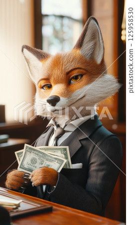 An elegant anthropomorphic fox, dressed in a tailored dark suit, confidently leans against a lavish wooden desk while holding crisp banknotes An elegant anthropomorphic fox, dressed in a tailored dark suit, confidently leans against a lavish wooden desk while holding crisp banknotes 125958530