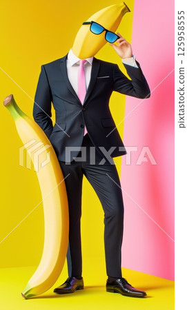 An anthropomorphic banana in a sleek dark suit strikes a confident pose while adjusting its sunglasses. A colorful backdrop enhances the playful and creative atmosphere 125958555
