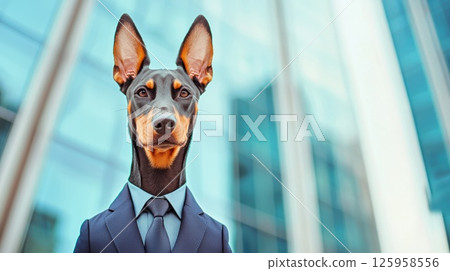 A sleek Doberman Pinscher wearing a navy-blue business suit stands confidently in front of a glass office building. Its sharp ears and focused gaze enhance its authoritative presence A sleek Doberman Pinscher wearing a navy-blue business suit stands confidently in front of a glass office building. Its sharp ears and focused gaze enhance its authoritative presence 125958556
