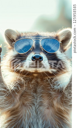 Adorable raccoon wearing stylish sunglasses poses playfully in the sunlight, showcasing its charming personality and playful nature, cute pet concept 125958585