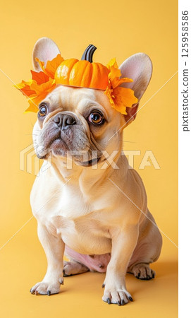 Adorable French Bulldog Wearing Pumpkin Headband on Yellow Background, Capturing the Essence of Playful Pets and Autumn Vibes, Funny Cute Pets Concept Adorable French Bulldog Wearing Pumpkin Headband on Yellow Background, Capturing the Essence of Playful Pets and Autumn Vibes, Funny Cute Pets Concept 125958586