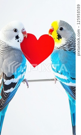 Adorable Budgerigars Sharing a Heart Symbol, Captivating Moment of Affection Between Two Colorful Parrots, Cute Pets Concept 125958589