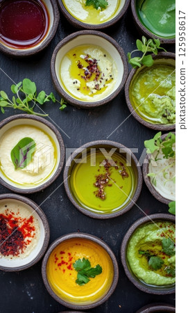 Colorful gourmet dips nestling in rustic ceramic bowls, resting on dark slate surface, complemented by scattered fresh herb sprigs showcasing rich culinary textures Colorful gourmet dips nestling in rustic ceramic bowls, resting on dark slate surface, complemented by scattered fresh herb sprigs showcasing rich culinary textures 125958617