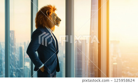 An anthropomorphic lion dressed in a finely tailored navy-blue suit stands near a floor-to-ceiling window, looking out over a stunning city skyline illuminated by the warm glow of sunset 125958624