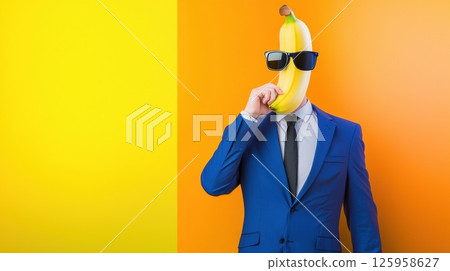 An anthropomorphic banana confidently adjusts its tie while dressed in a fitted navy-blue business suit and stylish black sunglasses An anthropomorphic banana confidently adjusts its tie while dressed in a fitted navy-blue business suit and stylish black sunglasses 125958627