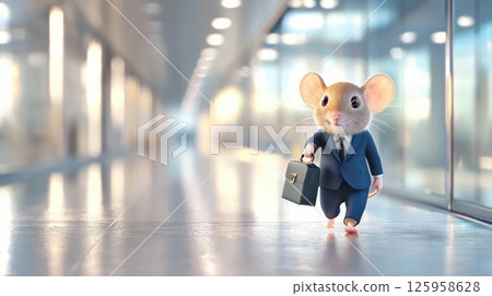 An anthropomorphic mouse in a tailored navy-blue suit strides confidently down a sleek office corridor, holding a black briefcase, illuminated by soft natural light An anthropomorphic mouse in a tailored navy-blue suit strides confidently down a sleek office corridor, holding a black briefcase, illuminated by soft natural light 125958628